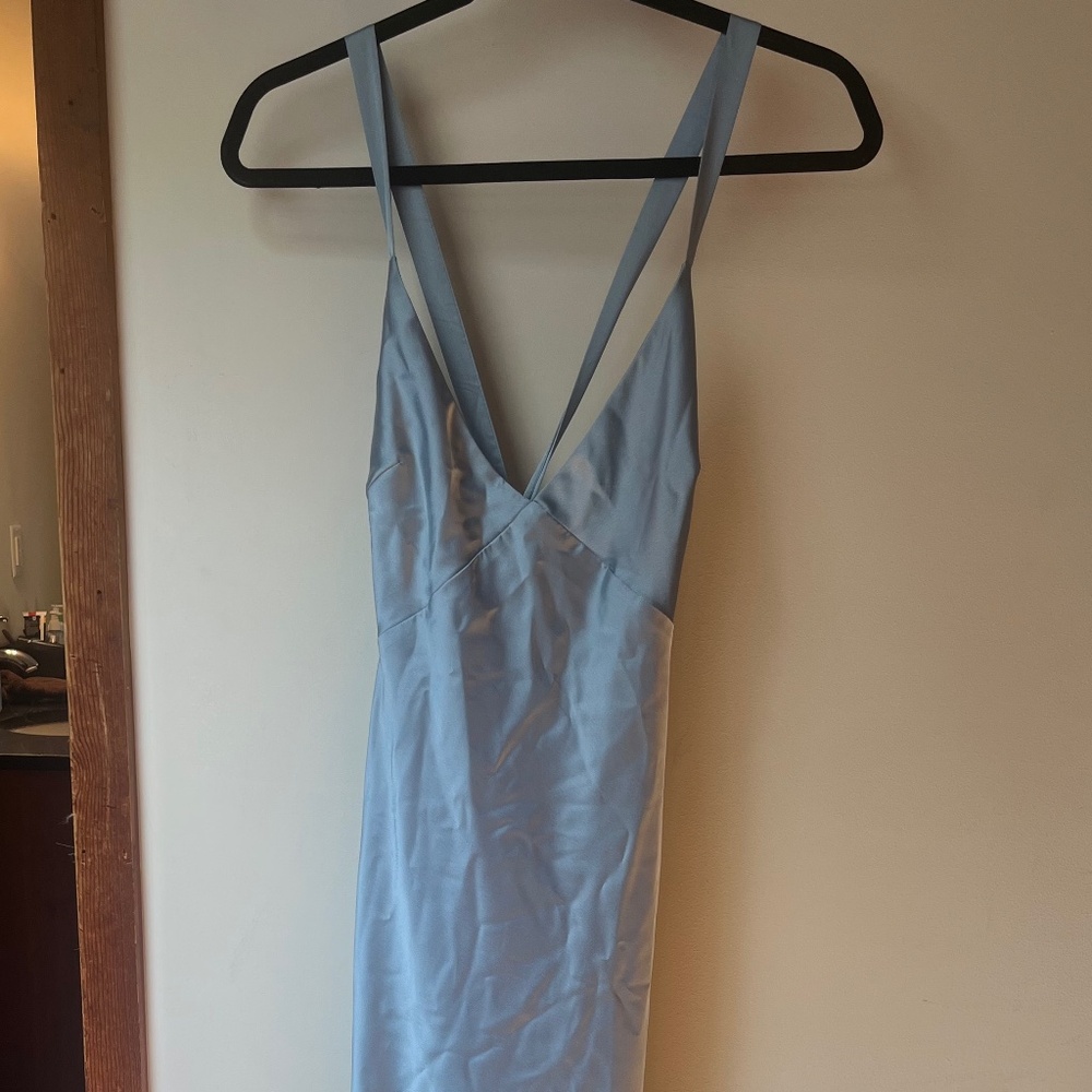 Blue floor length satin dress